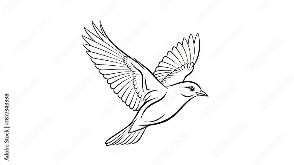 Fototapeta premium Elegant outline of a bird in full flight with wings extended and details on a white background