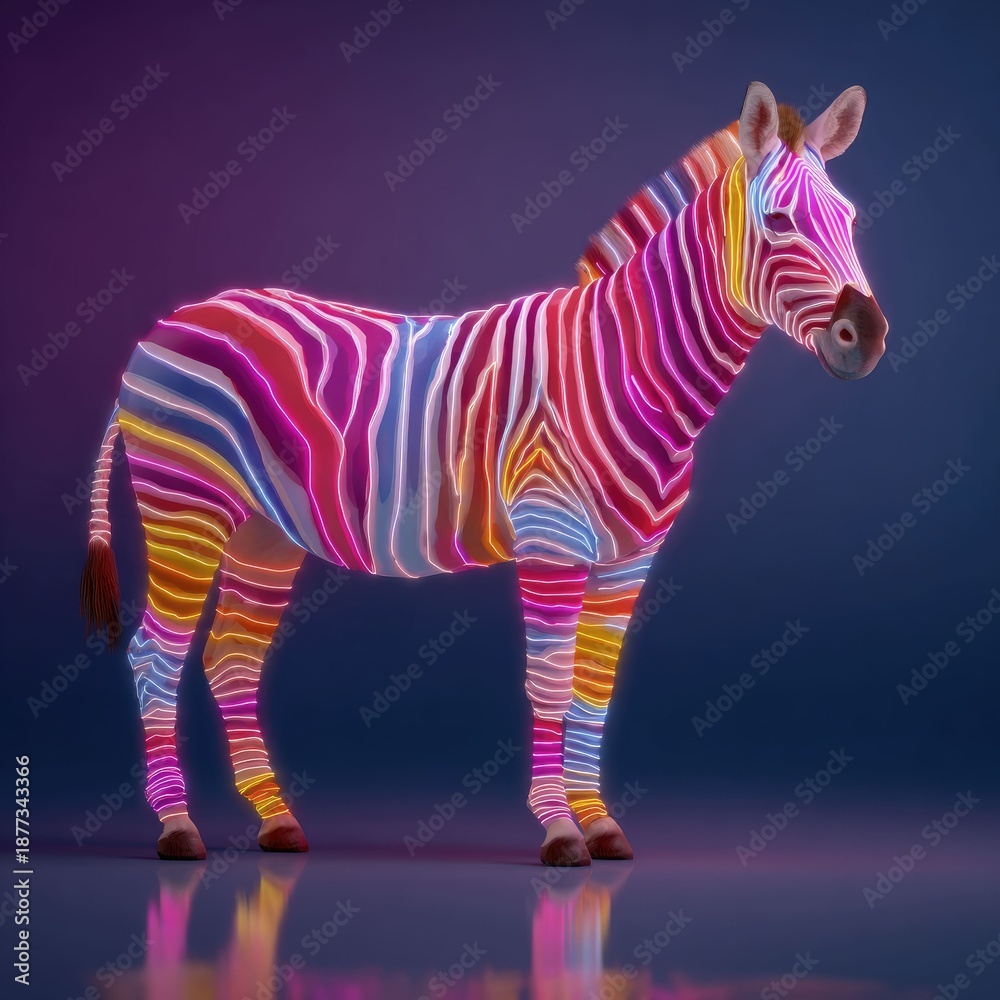 Fototapeta premium Vibrant Neon Zebra Display Artistic Installation Urban Studio Digital Art Close-up Modern Aesthetics for Enhanced Visual Experience