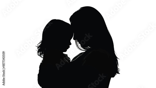 Silhouette of a mother and child embracing touching foreheads loving family moment tender silhouette white background