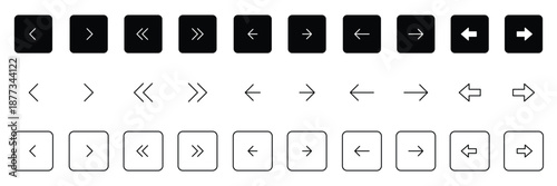 Square arrow icons set. Square arrow buttons icon set. Website slider navigation symbols. Next and previous rounded buttons for app.