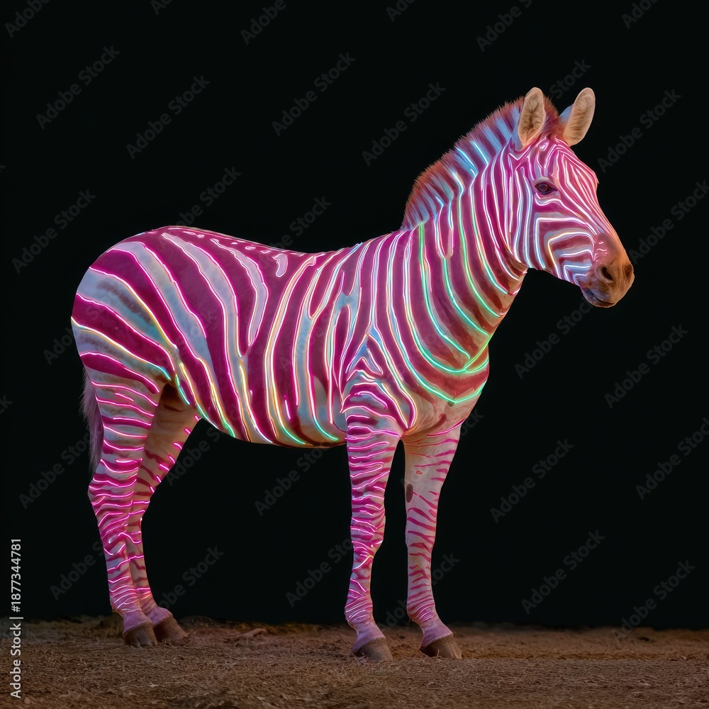Fototapeta premium Creative Illumination of a Zebra An Artistic Light Showcase Urban Art Installation Nighttime Setting Vibrant Display Bold Visual Concept