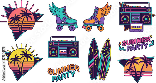 Retro roller skates, boombox and surfboards icon set featuring neon wings and summer party vibe elements