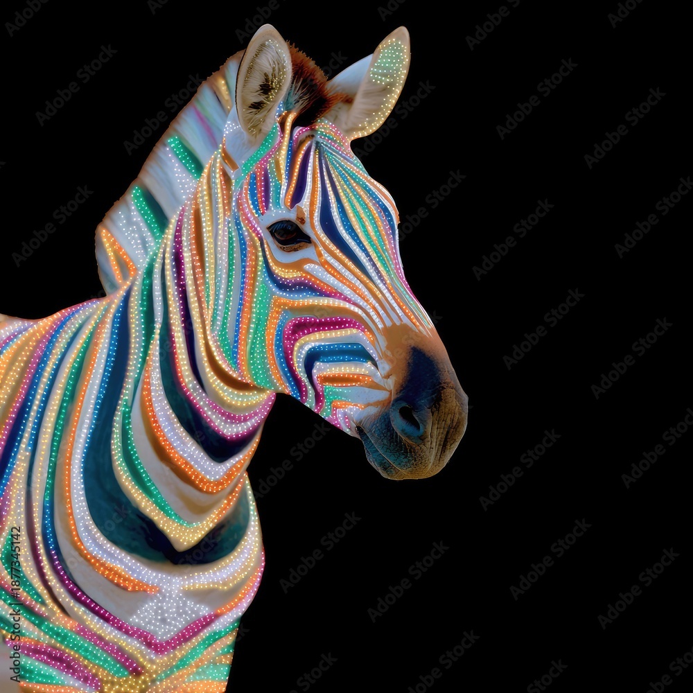 Fototapeta premium Colorful Zebra Displaying Vibrant Stripes in a Captivating Natural Habitat Portrayed in a Stunning Close-Up Shot for Wildlife Photography Enthusiasts