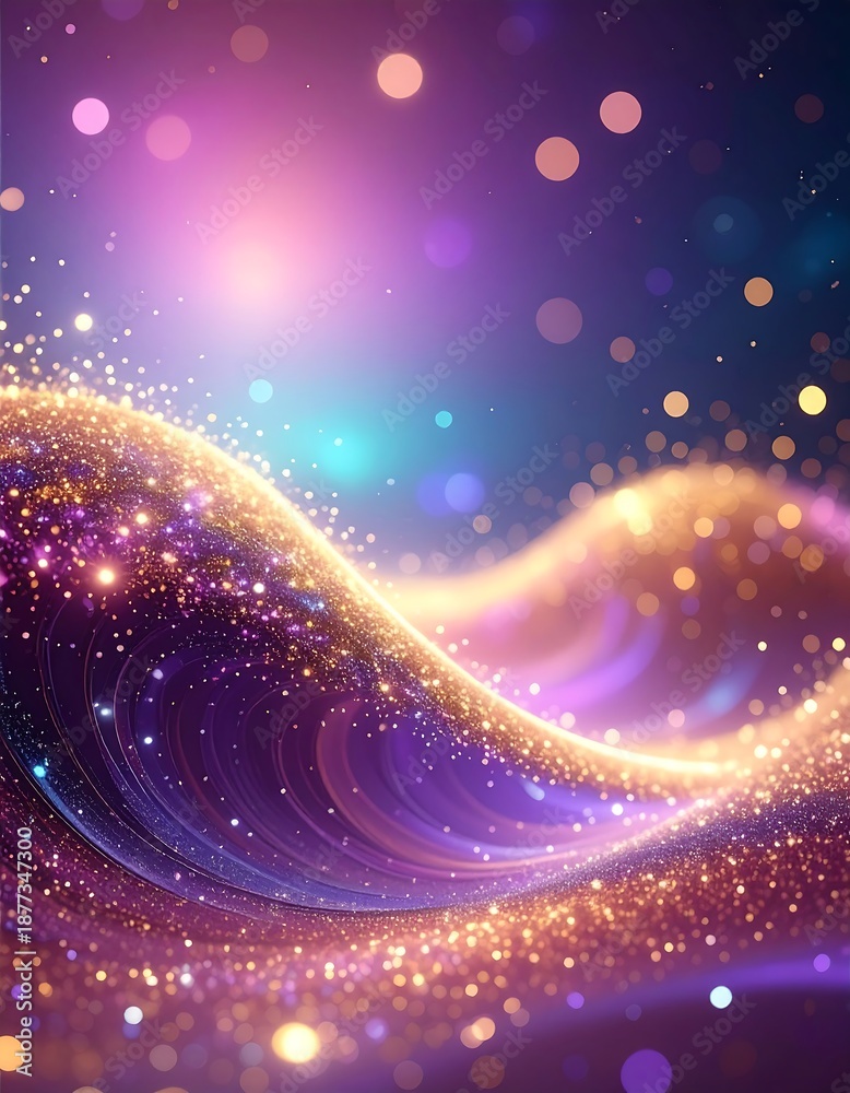 Fototapeta premium A vibrant, abstract wave of sparkling particles in shades of purple, blue, and gold