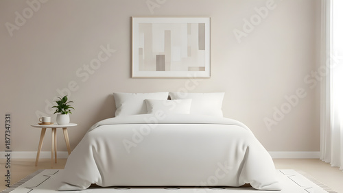 A clean and bright minimalist bedroom interior featuring a white bed with soft linens and neutral wall decor