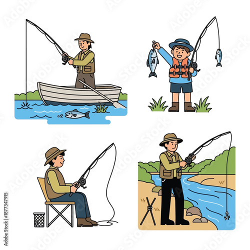 Various illustrations depicting people enjoying the hobby of fishing in different settings, including from a boat, a riverbank, and a child proudly displaying his catch.