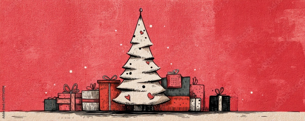 Obraz premium Christmas tree surrounded by gifts against a red background, a festive family holiday scene