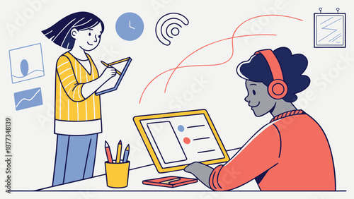 Creative Collaboration: Two individuals immersed in a productive meeting, crafting ideas and driving innovation, illustrating seamless teamwork.