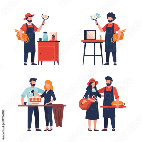 Flat vector illustrations depicting various artisans, craftsmen, and small business owners at work and interacting.