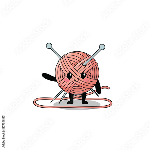 A cute cartoon pink yarn ball character with a smiling face and knitting needles.