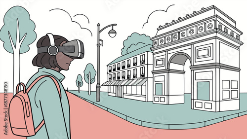 Virtual Tourist: A person embraces virtual reality, exploring an architectural marvel, and capturing the intersection of technology and travel. 