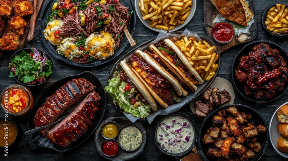 Fototapeta premium Overhead Shot of a Bountiful BBQ Feast with Ribs, Sandwiches, and Sides