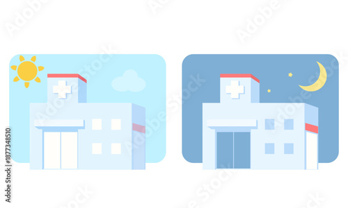 昼の病院と夜の病院のイラスト