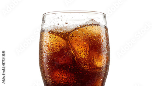 transparent glass filled with cola and ice cubes, classic carbonated drink isolated on white background with refreshing cold feel