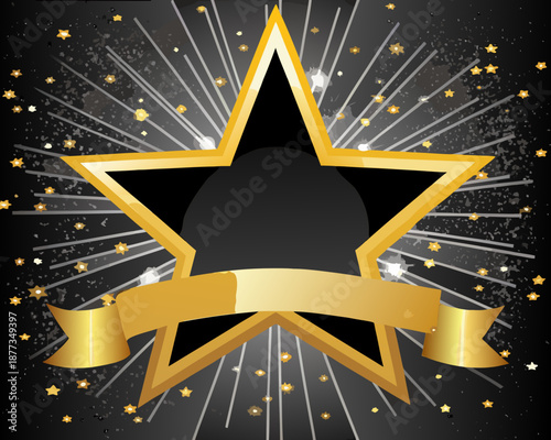 Golden star award symbol with shiny ribbon and sparkling background