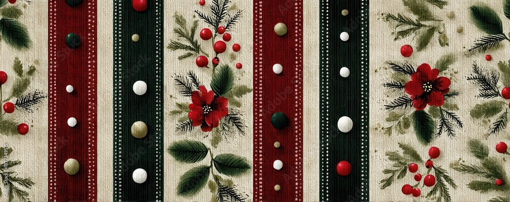 Obraz premium Festive striped pattern with red, green and cream colors for Christmas holiday decor background