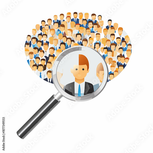 Businessman stands out from crowd under magnifying glass scrutiny