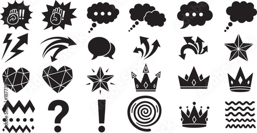 Collection of assorted black comic book style graphic design elements