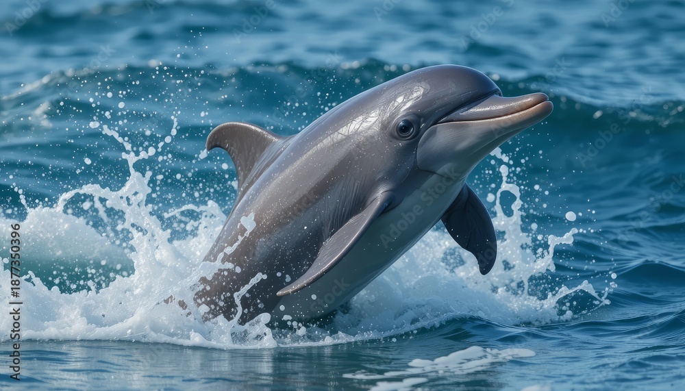 Fototapeta premium Dolphin jumping out of ocean waves in a stunning display