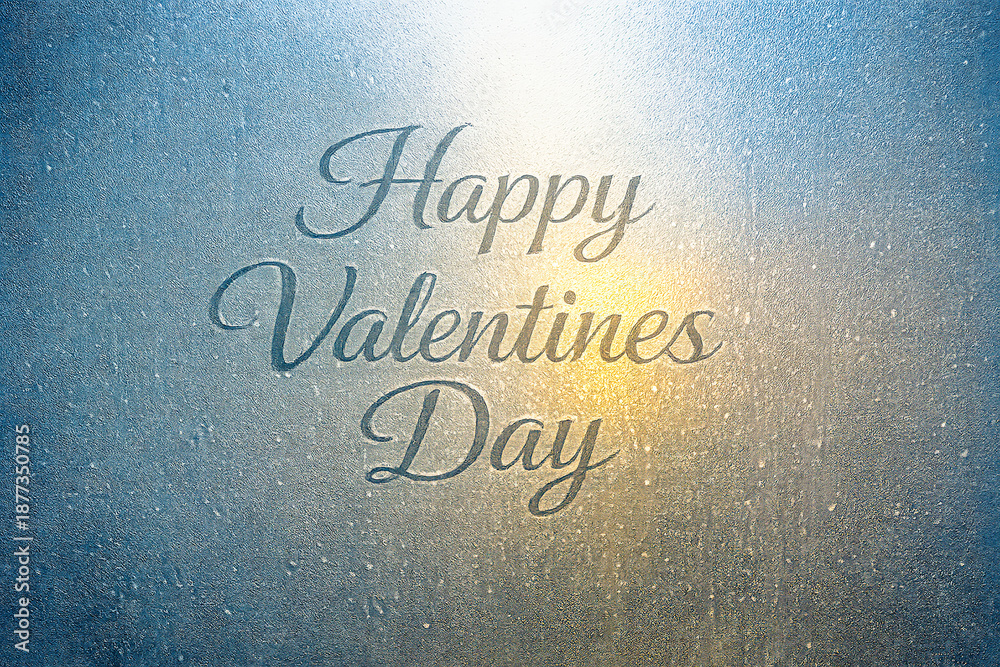 Fototapeta premium frosted blue glass Valentine’s Day background with soft light gradients and elegant typography, romantic winter mood ideal for greeting cards, social media banners, email marketing headers