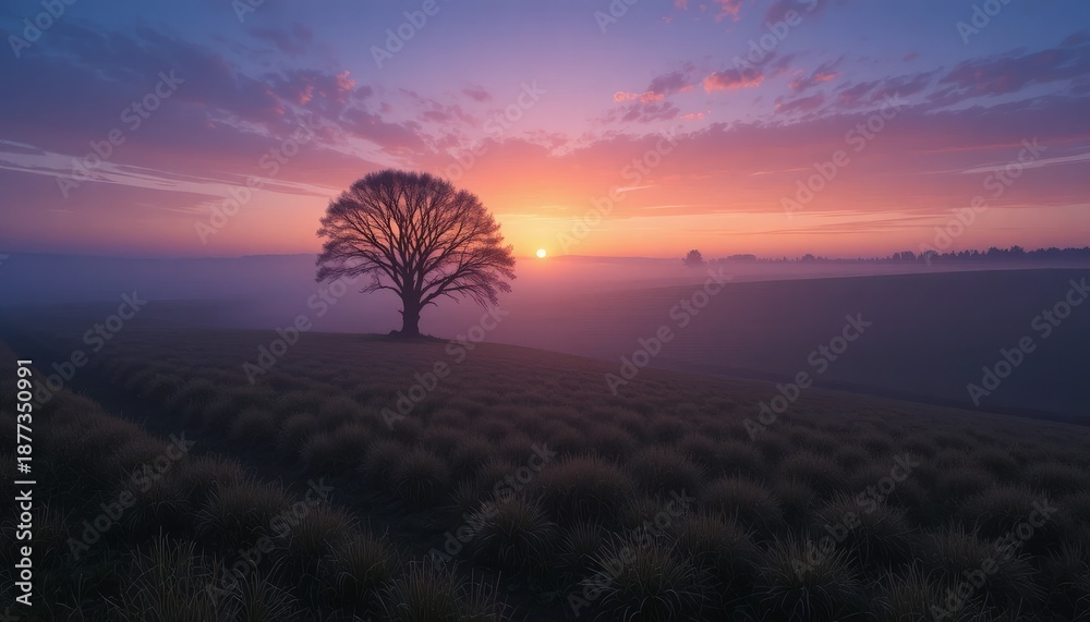 Naklejka premium Serene landscape with lone tree at sunset on rolling hills