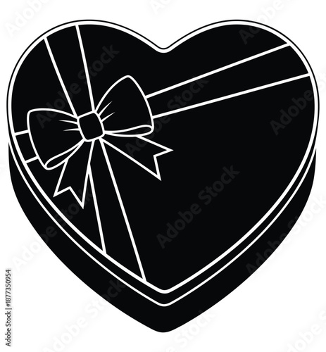 Heart shaped box of chocolates or candies wrapped with decorative ribbon and bow icon