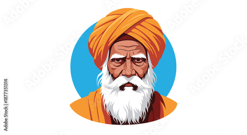 Vector portrait of a wise elderly indian man with a long white beard and a traditional orange turban, representing wisdom and culture.