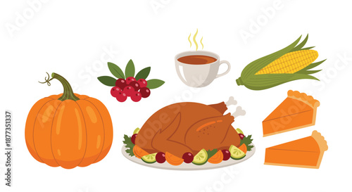 Thanksgiving holiday dinner collection with roasted turkey, pumpkin, corn, cranberries, pie, and a hot drink isolated on white background.