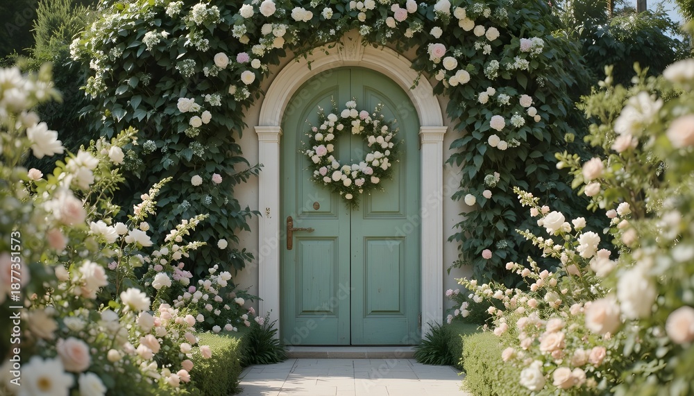 Fototapeta premium “Garden-themed bridal door surrounded by greenery, soft pastel flowers, daylight photography.” 