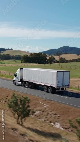 Large freight truck driving on a scenic highway with green fields and mountains, vertical shot