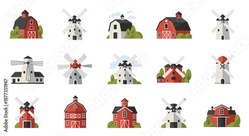 Collection of various farm buildings, including traditional red barns and rustic windmills, isolated on a clean white background.