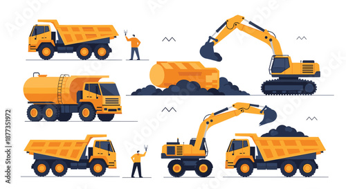 Set of heavy construction and mining machinery, including dump trucks, excavators, and a tanker truck, for quarry and site work.