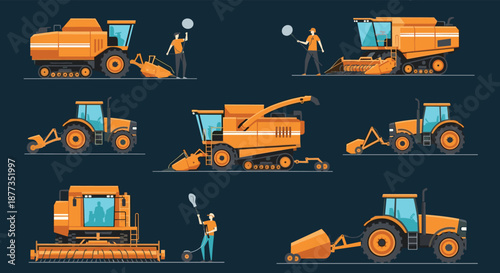 Set of orange agricultural machinery, including tractors and combine harvesters, with farmers operating them with remote controls.