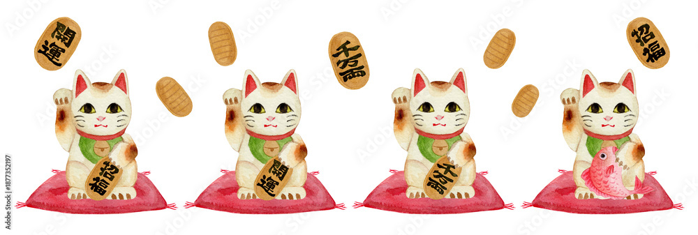 Obraz premium Set of lucky cats maneki-neko watercolor illustrations for good luck and prosperity-300dpi- 