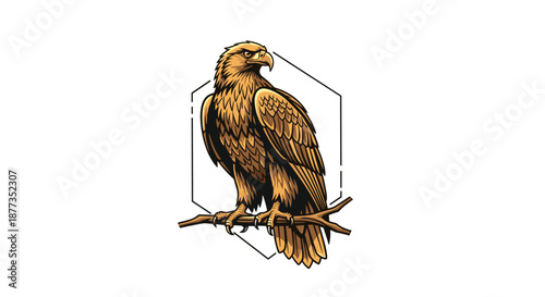 Stylized golden eagle perched on a branch, framed by a geometric hexagon, in a detailed, engraved line art illustration style.