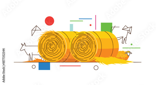 Two round hay bales with abstract geometric shapes and line art farm animals in a modern, minimalist graphic design style.