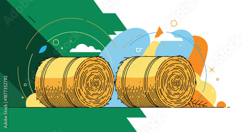 Two round hay bales on a green field under a colorful sky, illustrated in a modern, abstract, and artistic graphic style.