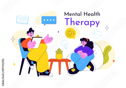 Mental Health Therapy Session Vector Illustration Showing Supportive Counseling, Emotional Healing and Professional Psychological Care In a Background
