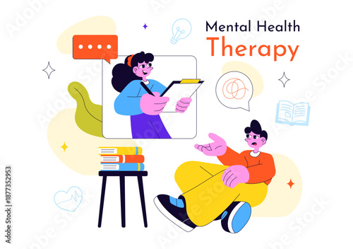Mental Health Therapy Session Vector Illustration Showing Supportive Counseling, Emotional Healing and Professional Psychological Care In a Background
