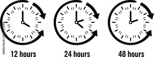 Clock icons showing 12 hours, 24 hours and 48 hours time cycle, deadline countdown concept, delivery schedule, timer symbols, vector illustration
