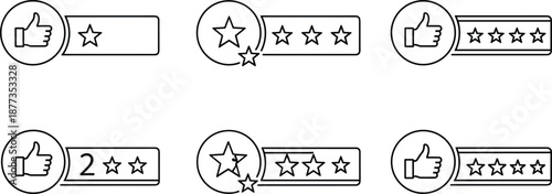 Customer rating and review icon set with stars and thumbs up symbols, minimal black outline feedback graphics for user experience, ecommerce and web design isolated on white background