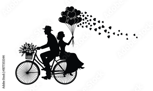 Couple riding bicycle with heart balloons for romantic journey
