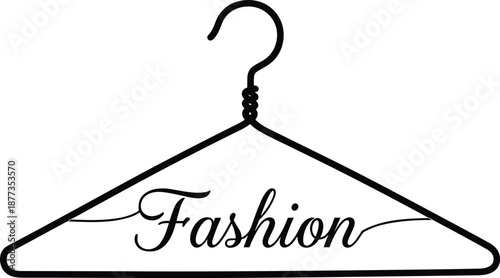 Fashion clothes hanger logo illustration, elegant typography design for boutique branding, apparel store sign, minimal vector artwork for fashion business identity