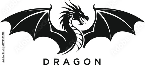 Flying dragon logo illustration, winged mythical creature emblem, black fantasy silhouette, medieval fire dragon symbol, powerful monster branding vector design
