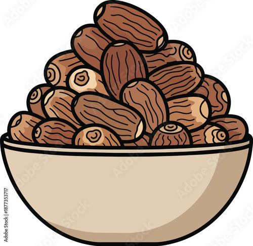 A detailed flat vector illustration of a ceramic bowl filled with a generous pile of brown dried date fruits, commonly used for breaking fast during Ramadan or as a healthy Mediterranean snack
