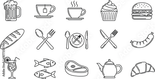 Food and drink icon set with coffee, tea, beer, bakery and restaurant symbols, minimal black outline dining graphics for menu, cafe and catering design isolated on white background