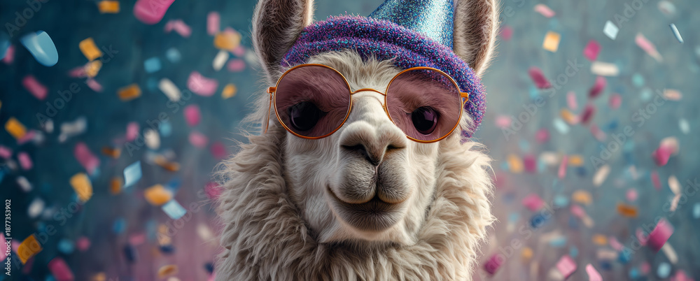 Fototapeta premium Happy smiling llama wearing a colorful party hat and stylish sunglasses at a celebration event