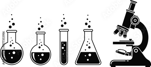 Laboratory chemistry and science icons set, microscope and glassware flasks test tubes, scientific research equipment, medical and pharmaceutical vector illustration isolated