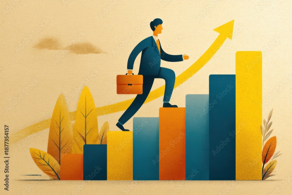 Fototapeta premium Businessman climbing a rising bar chart with briefcase to symbolize growth and success