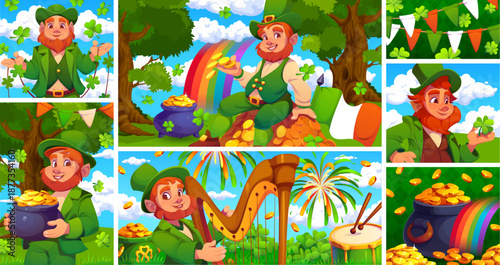 Cartoon funny leprechaun characters collage. Saint Patrick holiday vector banner, Irish festive poster or flyer with happy leprechaun character playing on harp, counting golden coins, holding clover